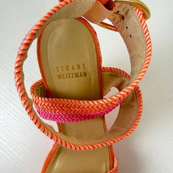 Stuart Weitzman Sherbert Laniard Pink Orange Braided Leather Wedge Sandals - Picture 8 of 11